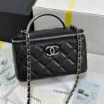 MINI VANITY TOP HANDLE CASE 17 IN BLACK CAVIAR SKIN SILVER-TONE PLATED METAL