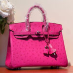 KELLY SELLIER 25 BAG IN BRIGHT PINK OSTRICH  WITH SILVER HARDWARE