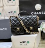 DOUBLE POCKETS FLAP BAG TOP HANDLE 24 IN BLACK LAMBSKIN GOLD HARDWARE - Image 9
