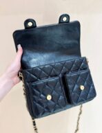 DOUBLE POCKETS FLAP BAG TOP HANDLE 24 IN BLACK LAMBSKIN GOLD HARDWARE - Image 3
