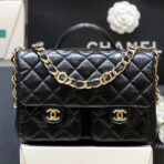 DOUBLE POCKETS FLAP BAG TOP HANDLE 24 IN BLACK LAMBSKIN GOLD HARDWARE - Image 2