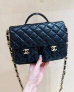 DOUBLE POCKETS FLAP BAG TOP HANDLE 24 IN BLACK LAMBSKIN GOLD HARDWARE - Image 7