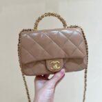 FLAP BAG WITH TOP HANDLE 19 IN BROWN LAMBSKIN GOLD HARDWARE - Image 2