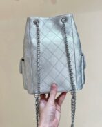 DRAWSTRING BUCKET BACKPACK 24 IN SILVER-TONE LAMBSKIN SILVER HARDWARE - Image 5