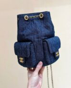 DRAWSTRING BUCKET BACKPACK 24 IN DARK BLUE DENIM GOLD HARDWARE - Image 6