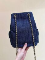 DRAWSTRING BUCKET BACKPACK 24 IN DARK BLUE DENIM GOLD HARDWARE - Image 9