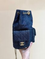 DRAWSTRING BUCKET BACKPACK 24 IN DARK BLUE DENIM GOLD HARDWARE - Image 10