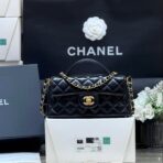 QUILTED FLAP BAG WITH HANDLE 20 IN BLACK LAMBSKIN GOLD PLATED METAL - Image 2