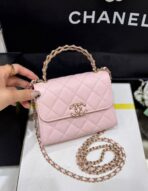 QUILTED FLAP BAG WITH HANDLE 18 IN BABY PINK LAMBSKIN GOLD HARDWARE - Image 3