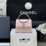 QUILTED FLAP BAG WITH HANDLE 18 IN BABY PINK LAMBSKIN GOLD HARDWARE - Image 2