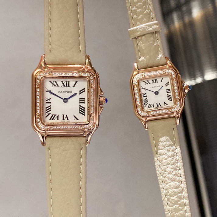 13272833930692401_1800x1800_ae62af38-6cb8-46e6-8f43-17bef106f58c.jpg PANTHERE DE CARTIE DIAMOND BEZEL ROSE GOLD BEIGE LEATHER - Image 1