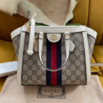GG OPHIDIA 24 TOTE IN BEIGE CANVAS AND WHITE