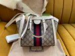 GG OPHIDIA 24 TOTE IN BEIGE CANVAS AND WHITE - Image 3
