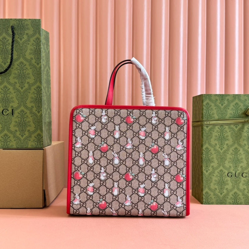 img_89648692_20240806_i1722933339_8453_0_jpg_1800x1800_b13dc50b-1498-4e4c-887b-ac04147941dc.jpg CHILDREN'S PRINTED RABBIT TOTE BAG 28.5 IN BEIGE AND DARK BROWN GG CANVAS RED TRIM - Image 1