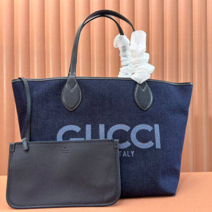 LARGE TOTISSIMA REVERSIBLE TOTE 30.5 IN DARK BLUE DENIM ONE SIDE BEIGE AND BLUE  ON THE OTHER